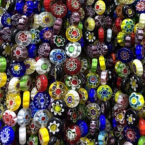 Yassı Yuvarlak Çiçek Desenli Murano Cam Boncuk 10 mm